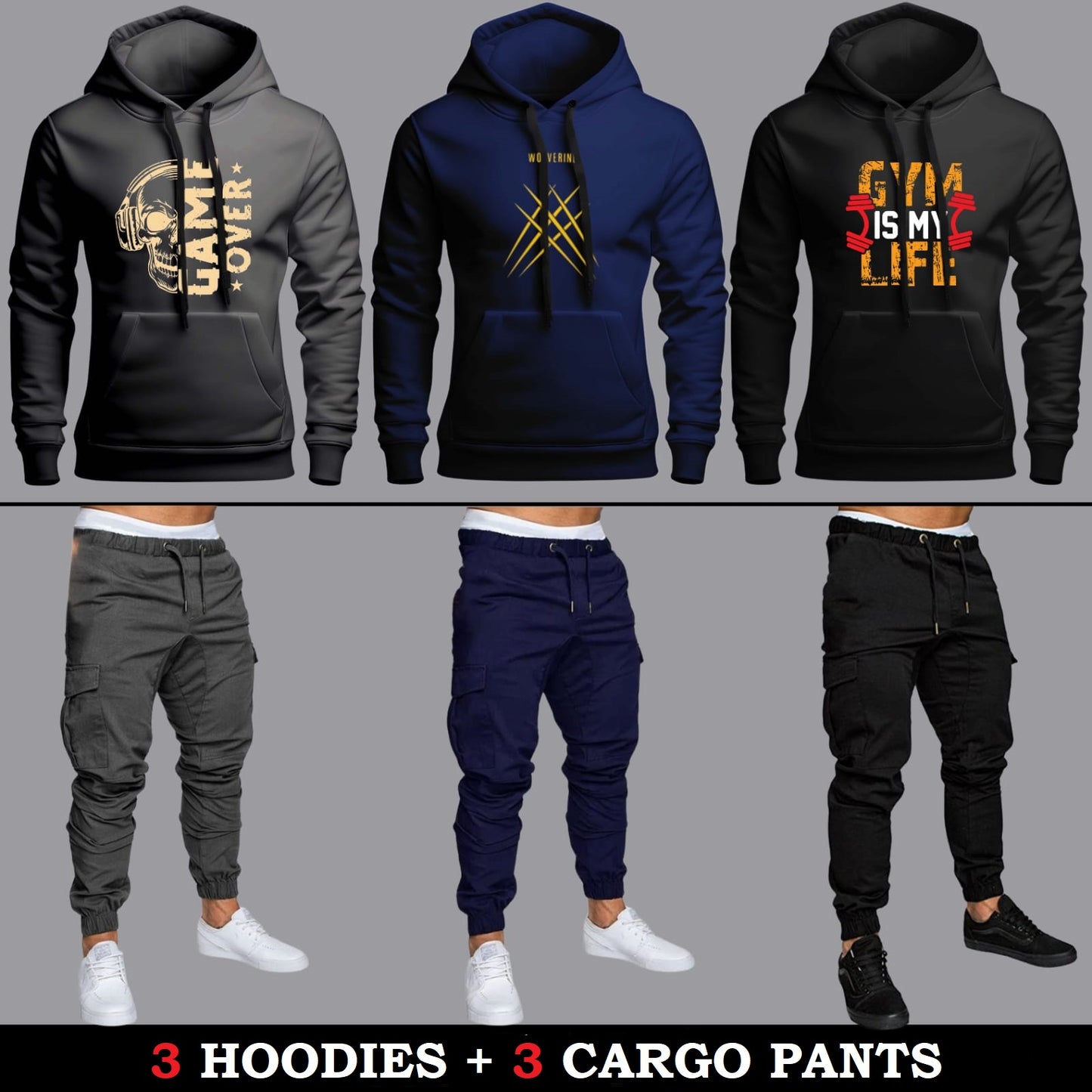 (3 Hoodies + 3 Cargo Pants)